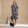 Women's Elegant Geometric-Print Short-Sleeve Formal Midi Dress - Black