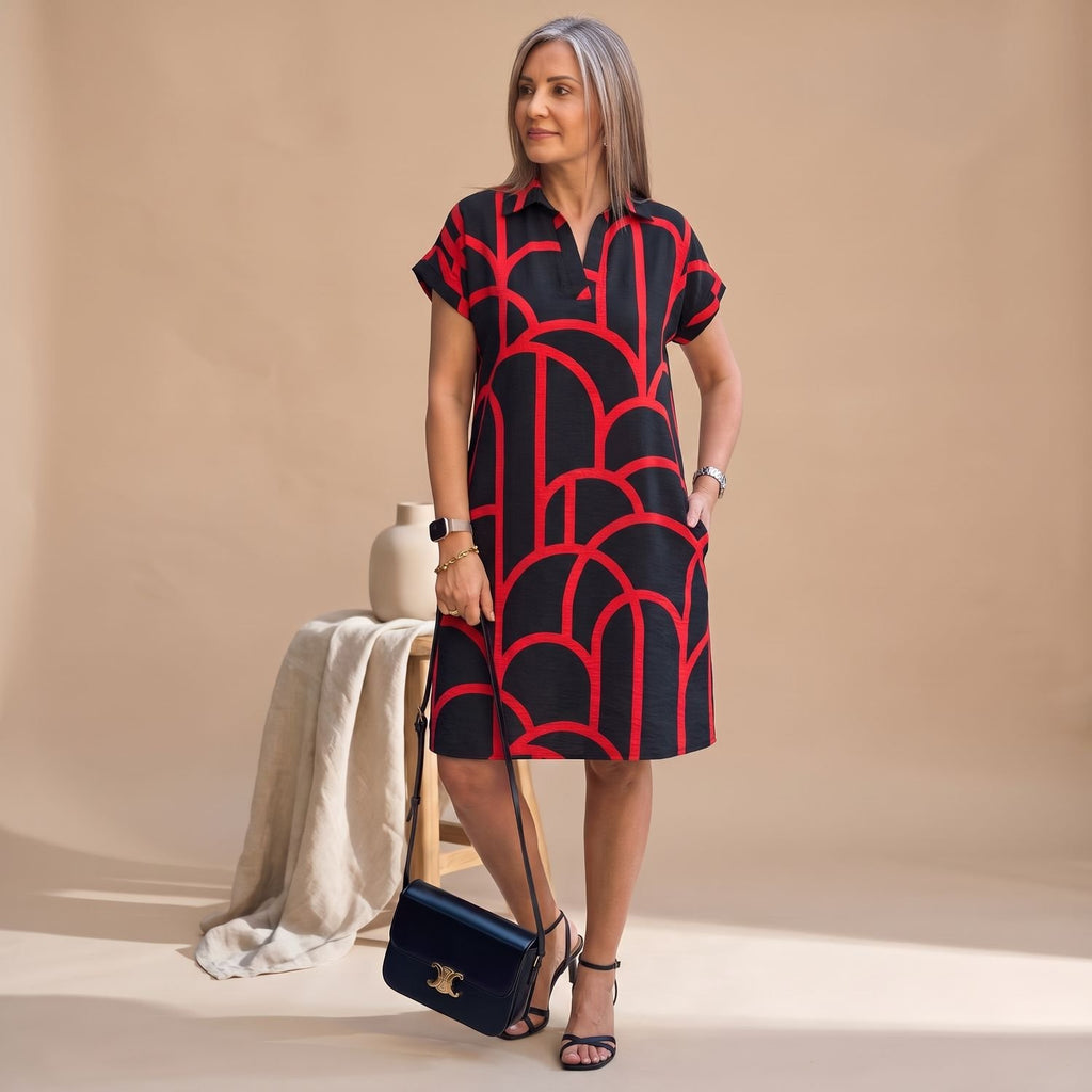 Women's Elegant Geometric-Print Short-Sleeve Formal Midi Dress - Red