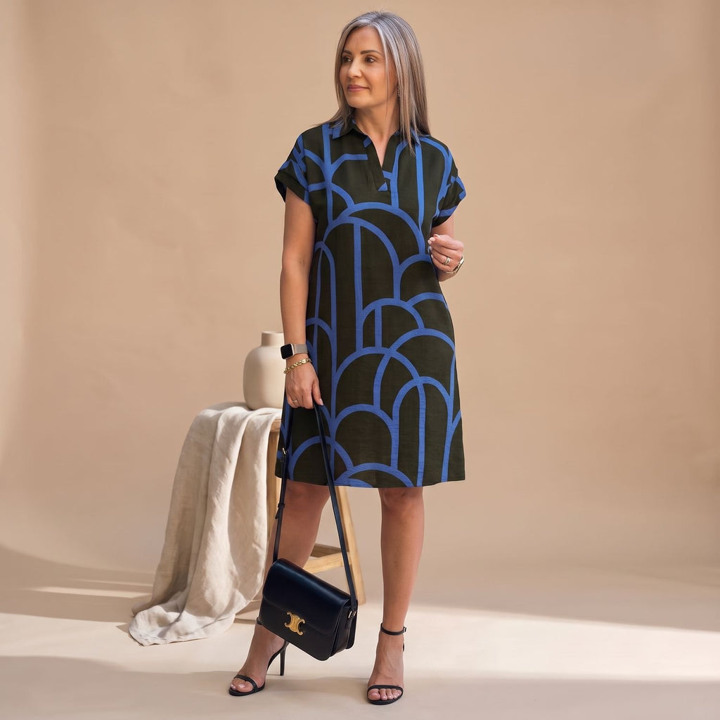 Women's Elegant Geometric-Print Short-Sleeve Formal Midi Dress - Blue
