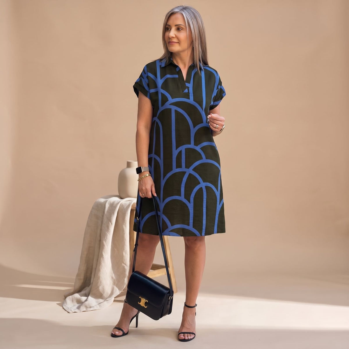 Women's Elegant Geometric-Print Short-Sleeve Formal Midi Dress - Blue