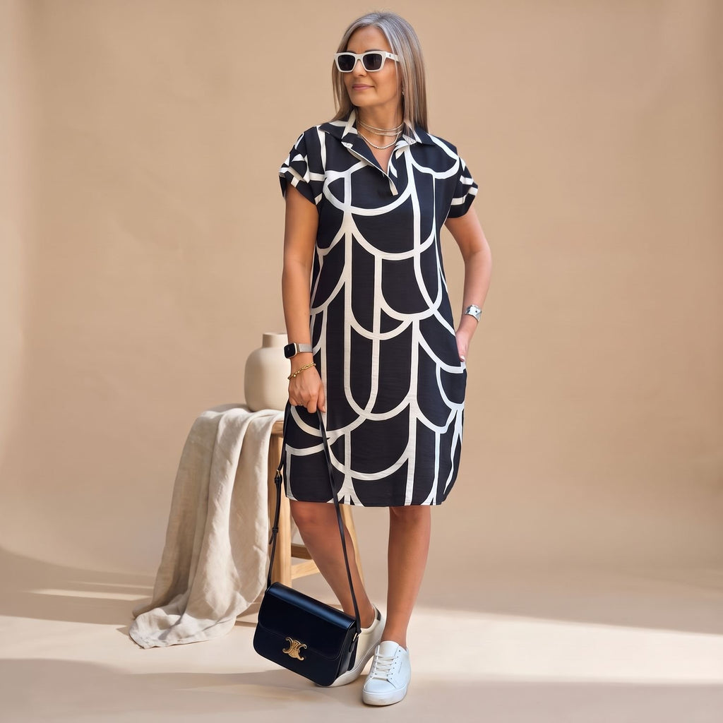Women's Elegant Geometric-Print Short-Sleeve Formal Midi Dress