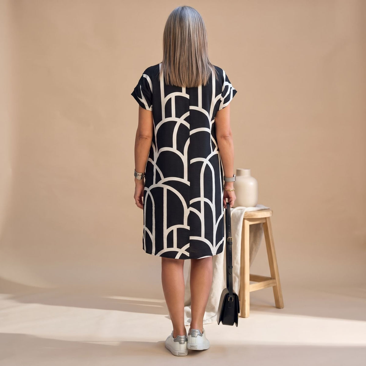 Women's Elegant Geometric-Print Short-Sleeve Formal Midi Dress