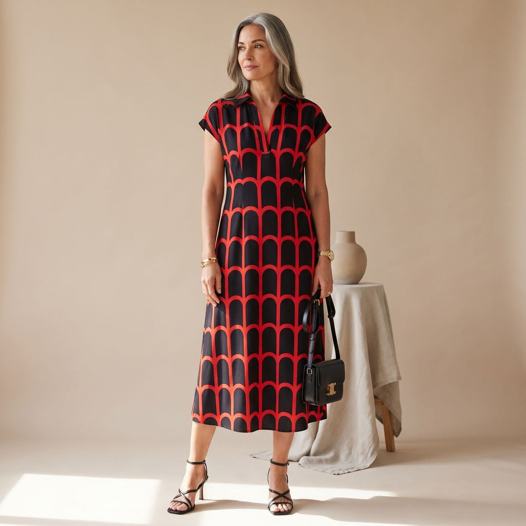 Women's Elegant Geometric-Print Short-Sleeve Formal Midi Dress