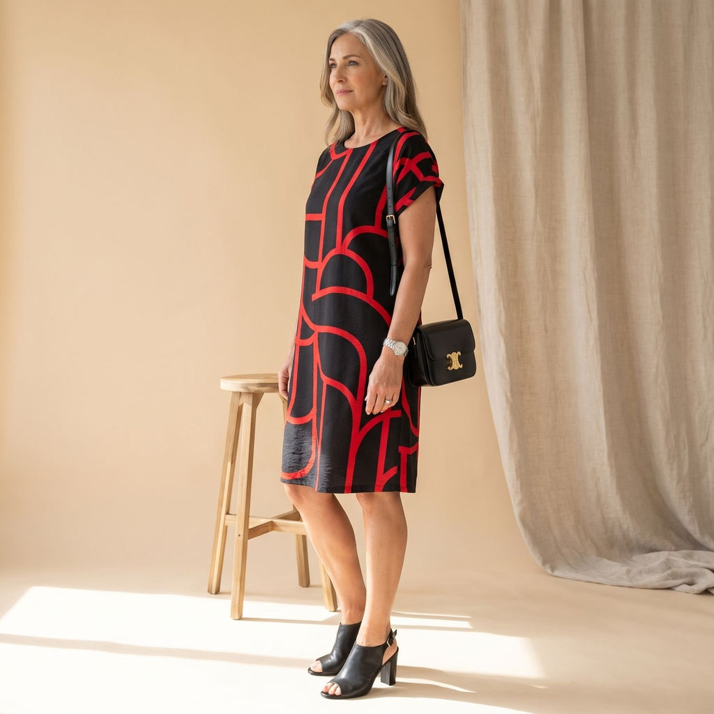 Women's Elegant Geometric-Print Short-Sleeve Formal Midi Dress