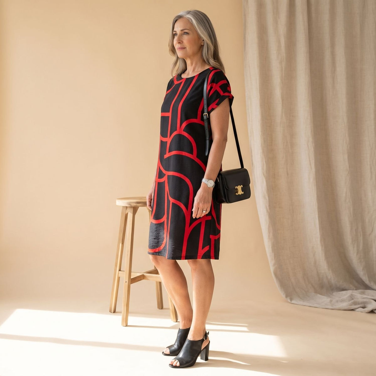 Women's Elegant Geometric-Print Short-Sleeve Formal Midi Dress