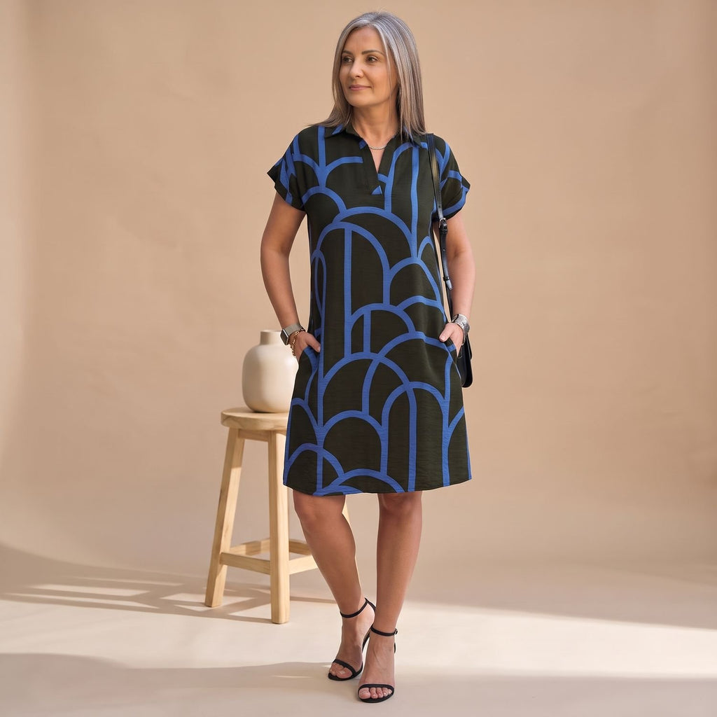 Women's Elegant Geometric-Print Short-Sleeve Formal Midi Dress