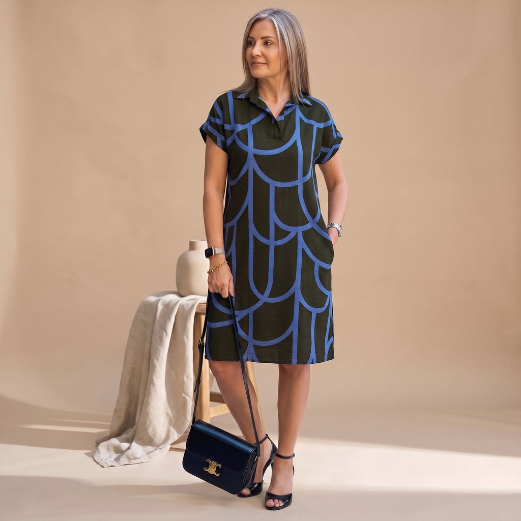 Women's Elegant Geometric-Print Short-Sleeve Formal Midi Dress