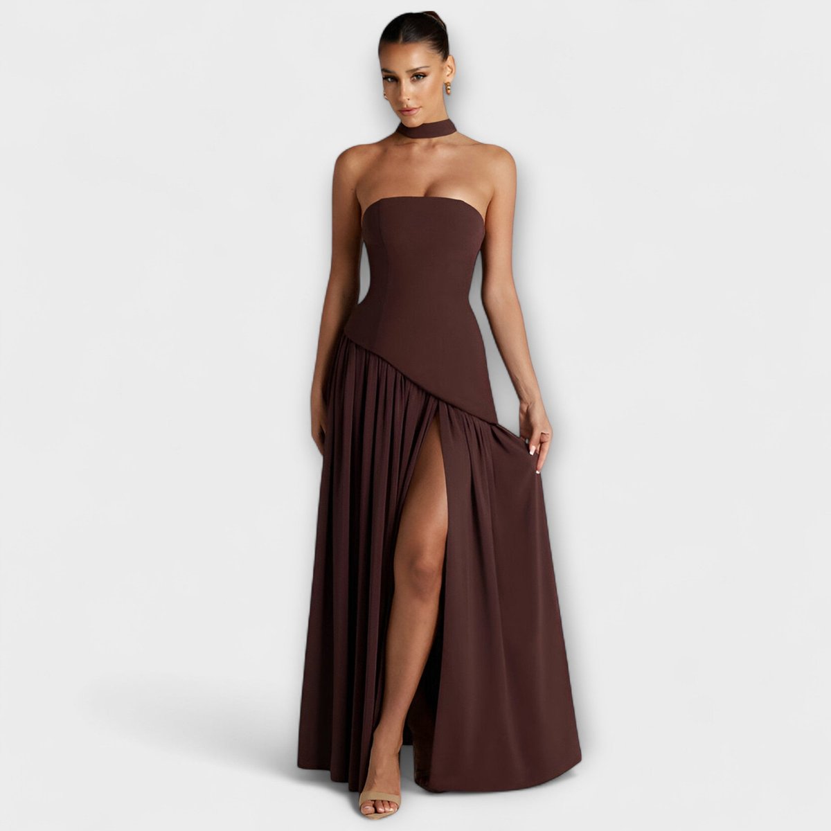 Women's Elegant Halter-Neck Flowing Maxi Dress - Brown