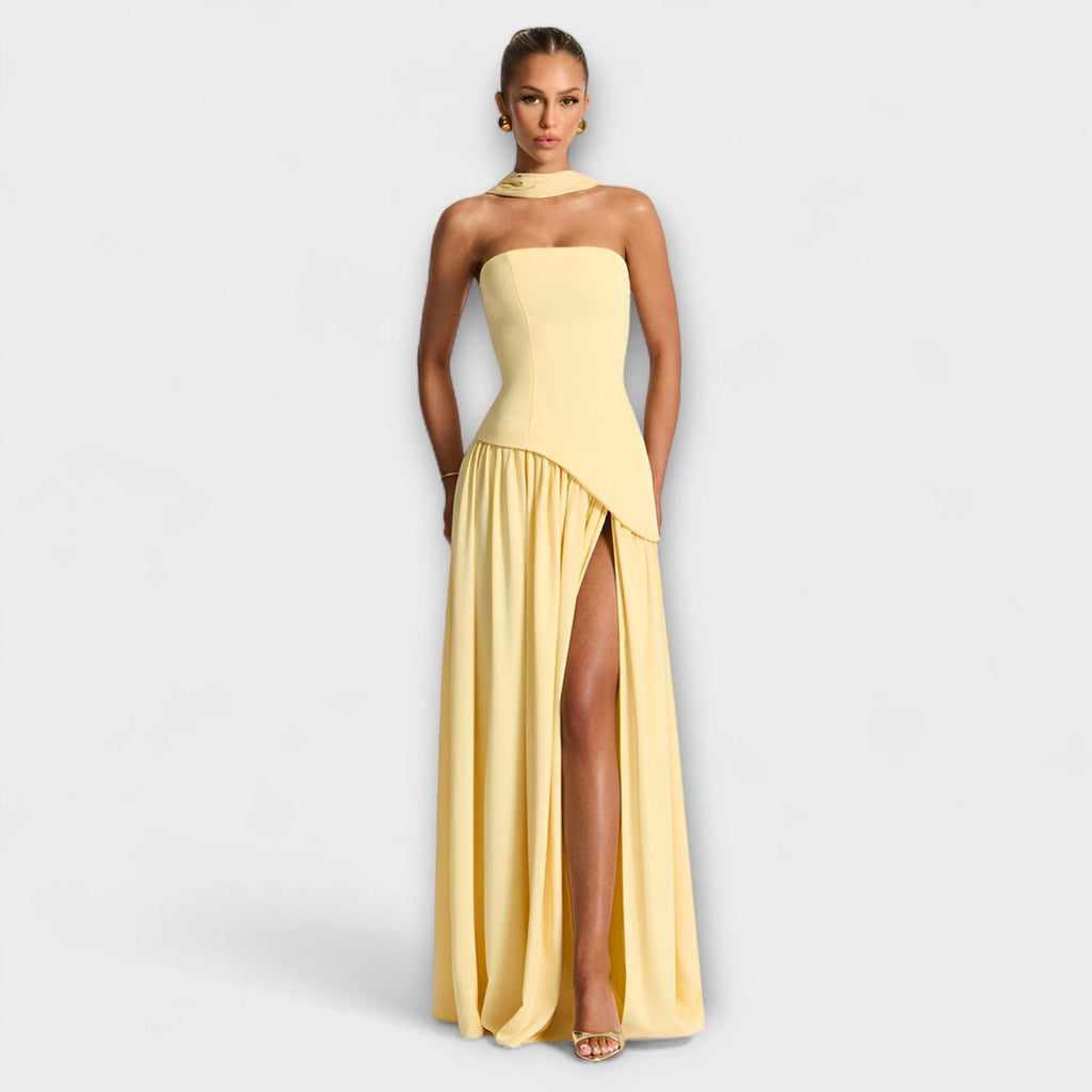 Women's Elegant Halter-Neck Flowing Maxi Dress - Yellow