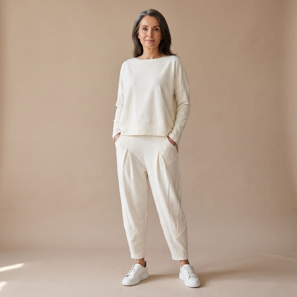 Women's Elegant Lounge Two Piece Set Long Sleeve Relaxed Top Pants - White