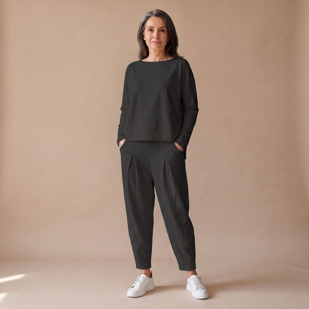 Women's Elegant Lounge Two Piece Set Long Sleeve Relaxed Top Pants - Black
