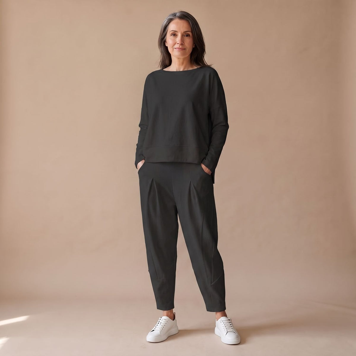 Women's Elegant Lounge Two Piece Set Long Sleeve Relaxed Top Pants - Black