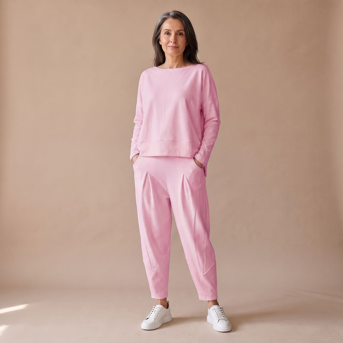 Women's Elegant Lounge Two Piece Set Long Sleeve Relaxed Top Pants - Pink
