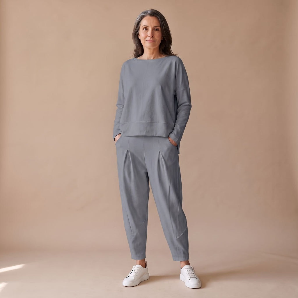Women's Elegant Lounge Two Piece Set Long Sleeve Relaxed Top Pants - Gray