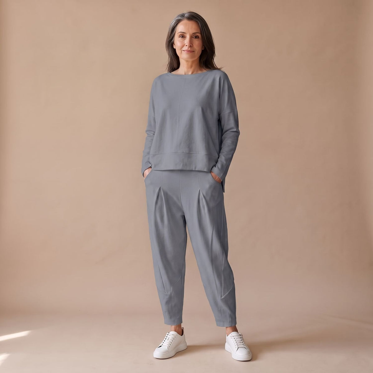 Women's Elegant Lounge Two Piece Set Long Sleeve Relaxed Top Pants - Gray