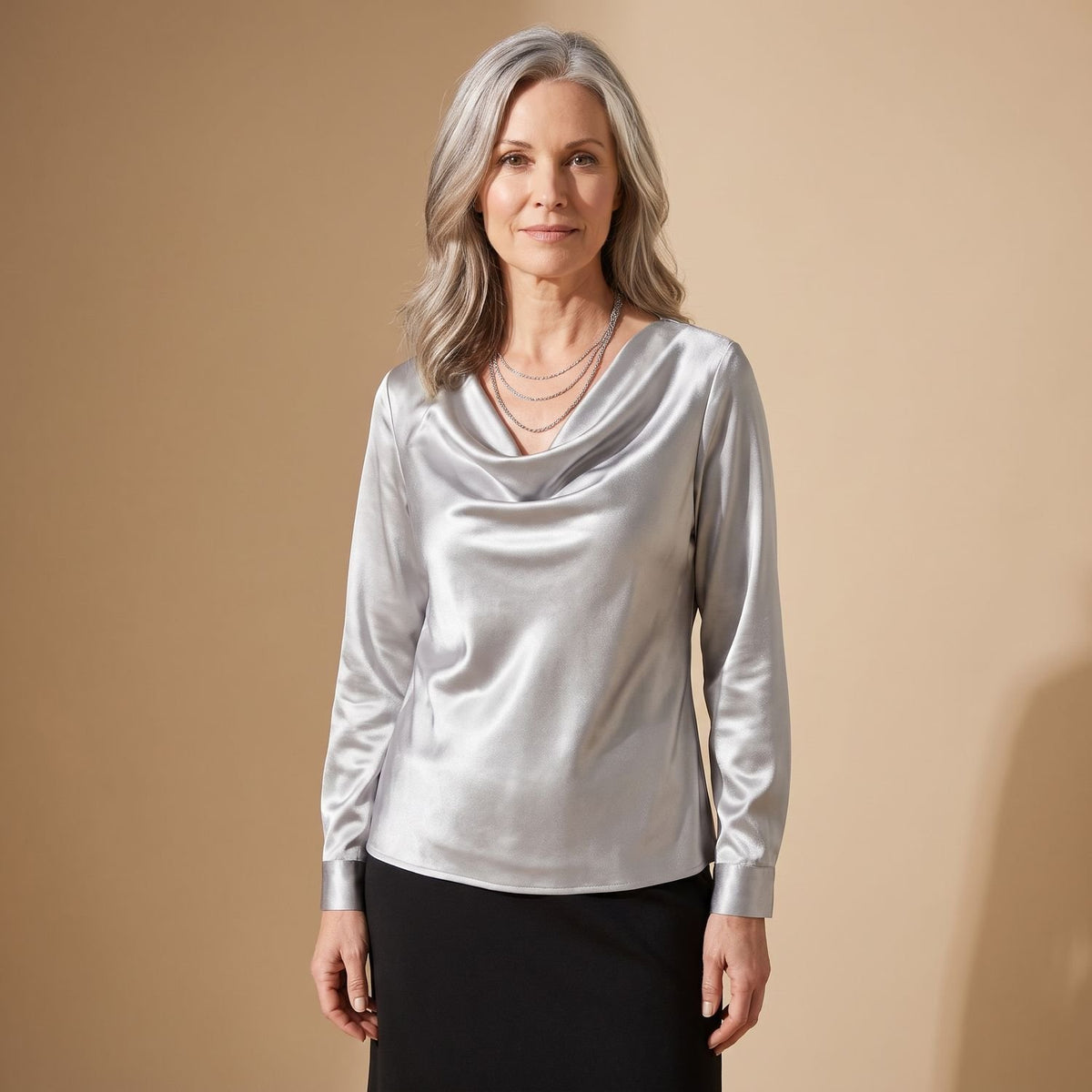 Women's Elegant Satin Draped-Neck Long-Sleeve Blouse - Gray