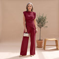 Women's Elegant Two Piece Set Draped Sleeveless Wide-Leg Jumpsuit - Red