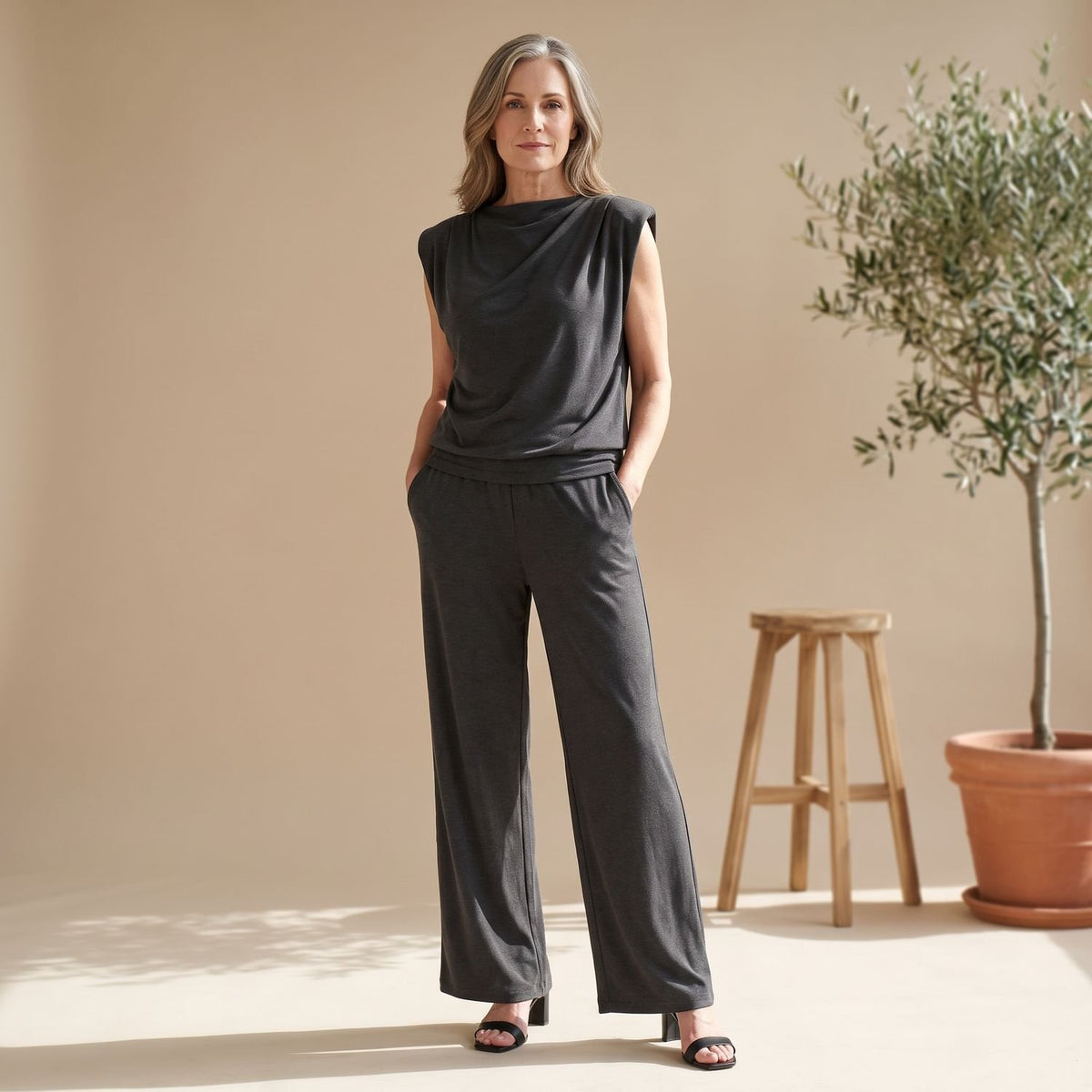 Women's Elegant Two Piece Set Draped Sleeveless Wide-Leg Jumpsuit - Dark Gray