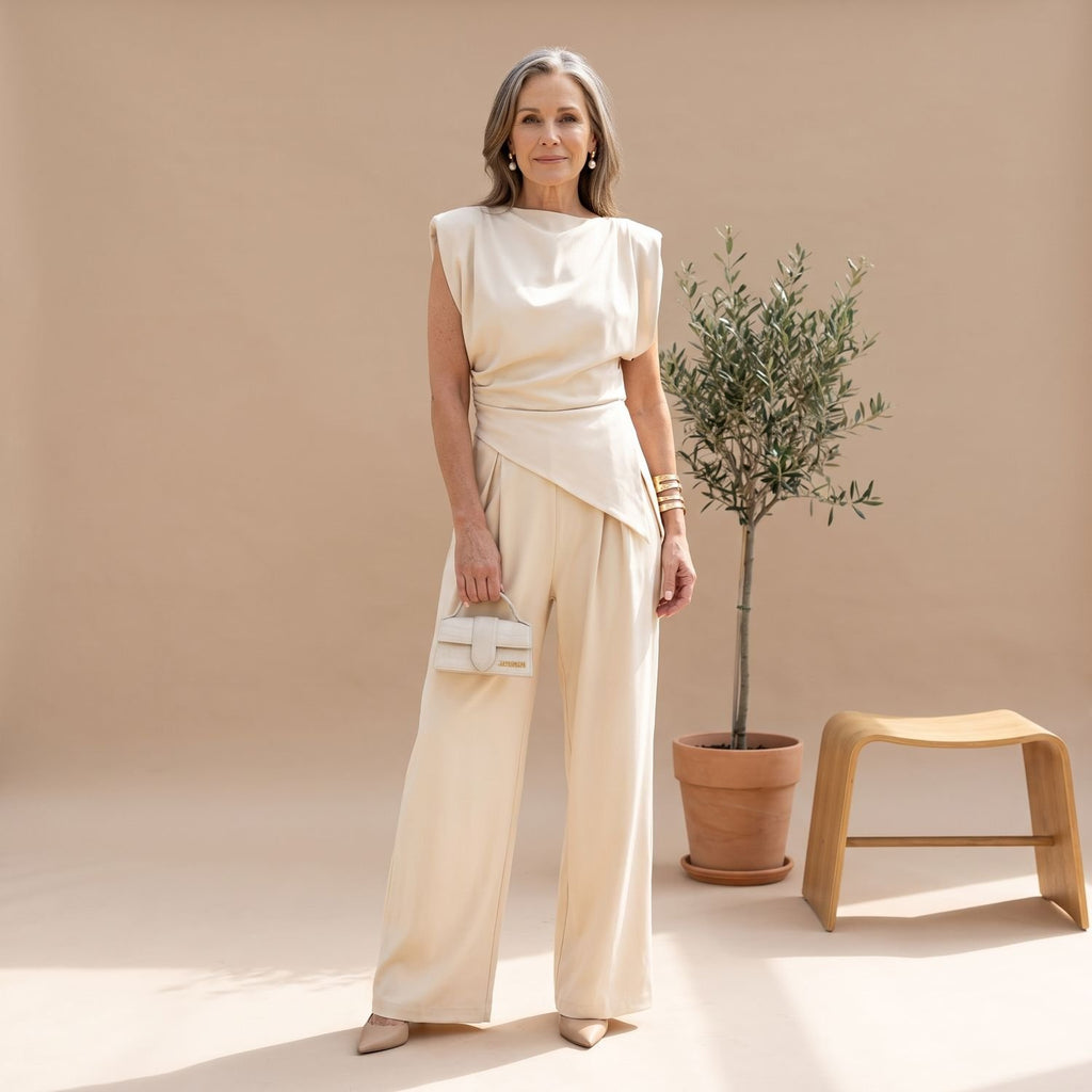 Women's Elegant Two Piece Set Draped Sleeveless Wide-Leg Jumpsuit - White