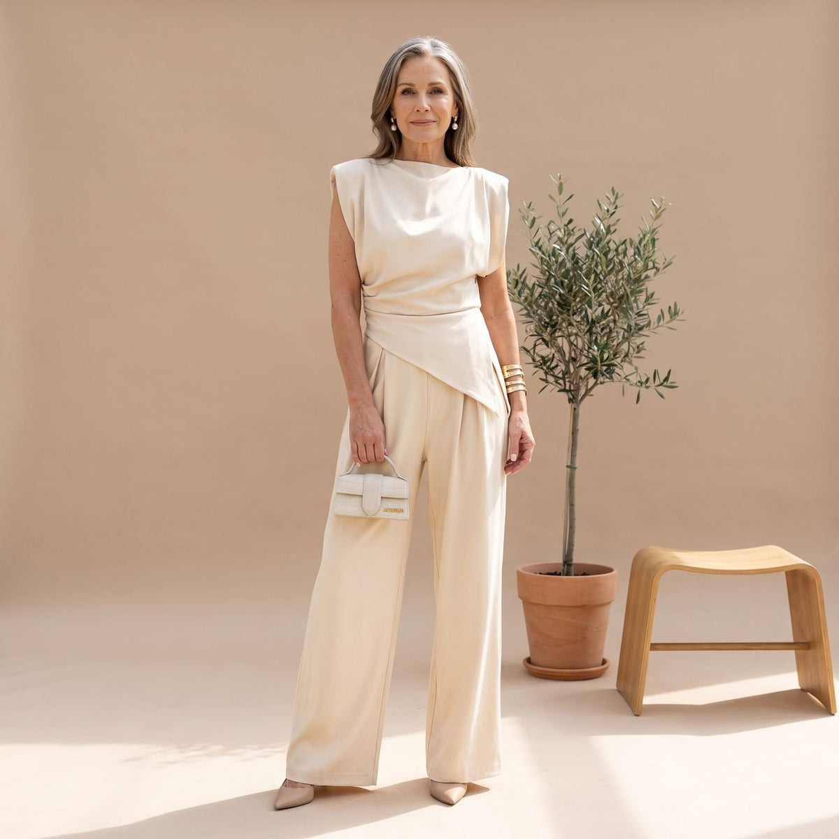 Women's Elegant Two Piece Set Draped Sleeveless Wide-Leg Jumpsuit - White