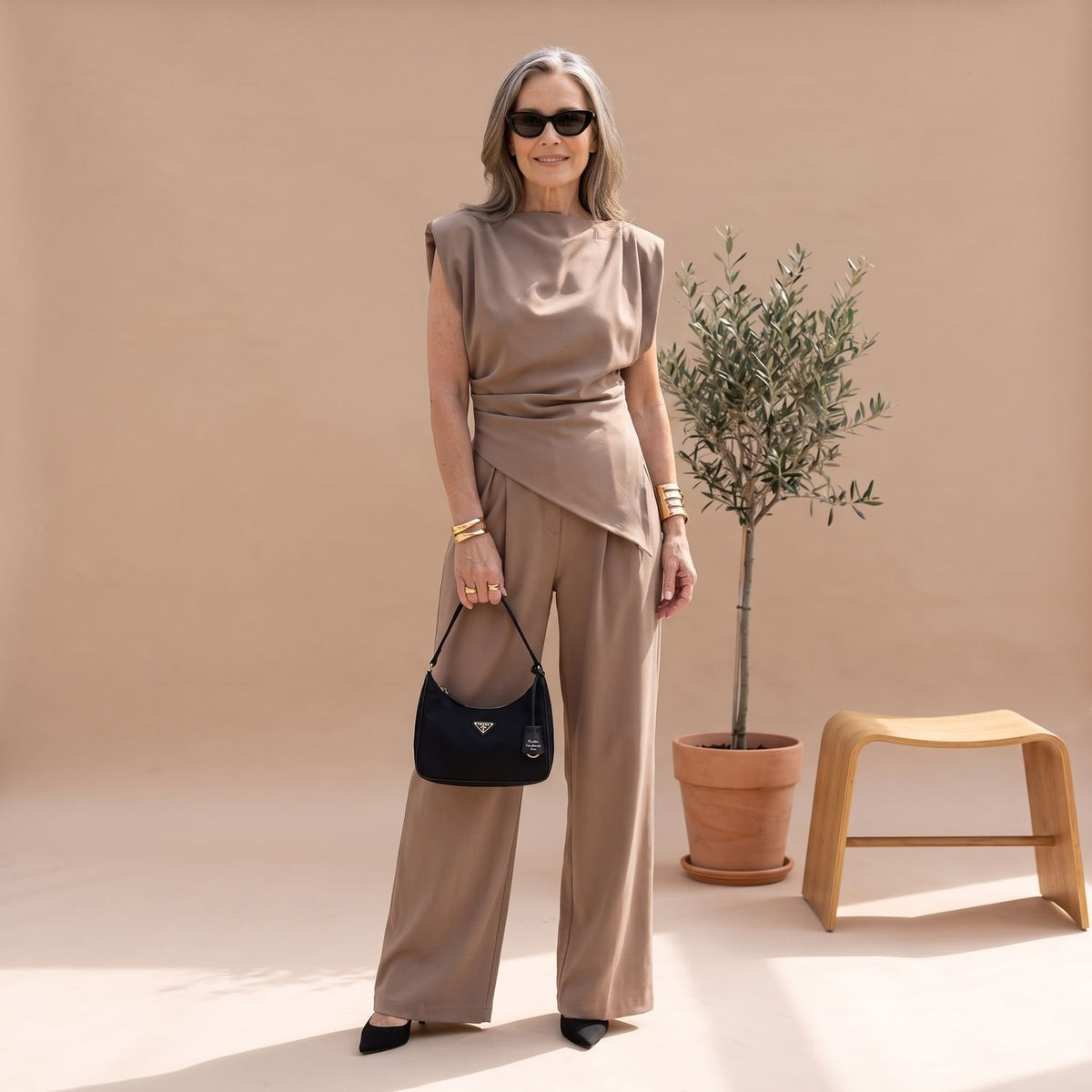 Women's Elegant Two Piece Set Draped Sleeveless Wide-Leg Jumpsuit - Brown