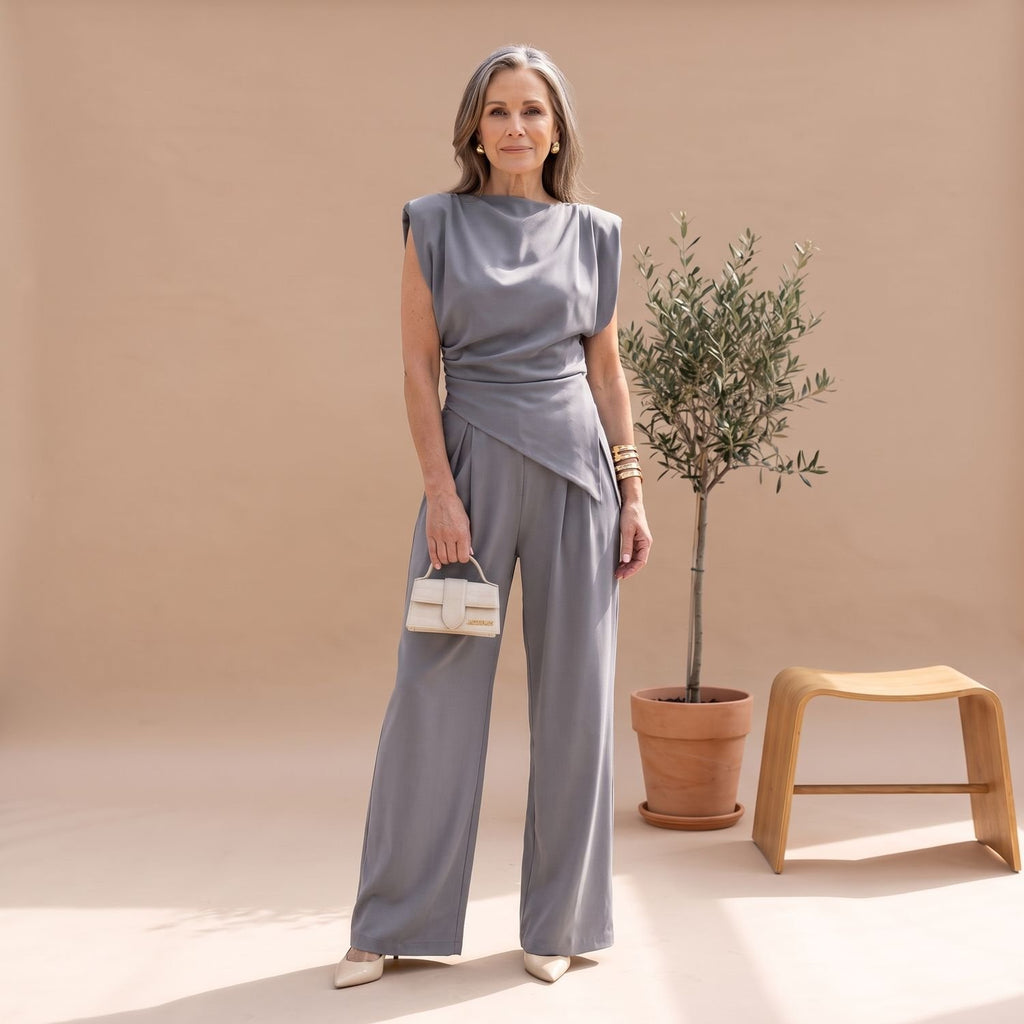 Women's Elegant Two Piece Set Draped Sleeveless Wide-Leg Jumpsuit - Gray