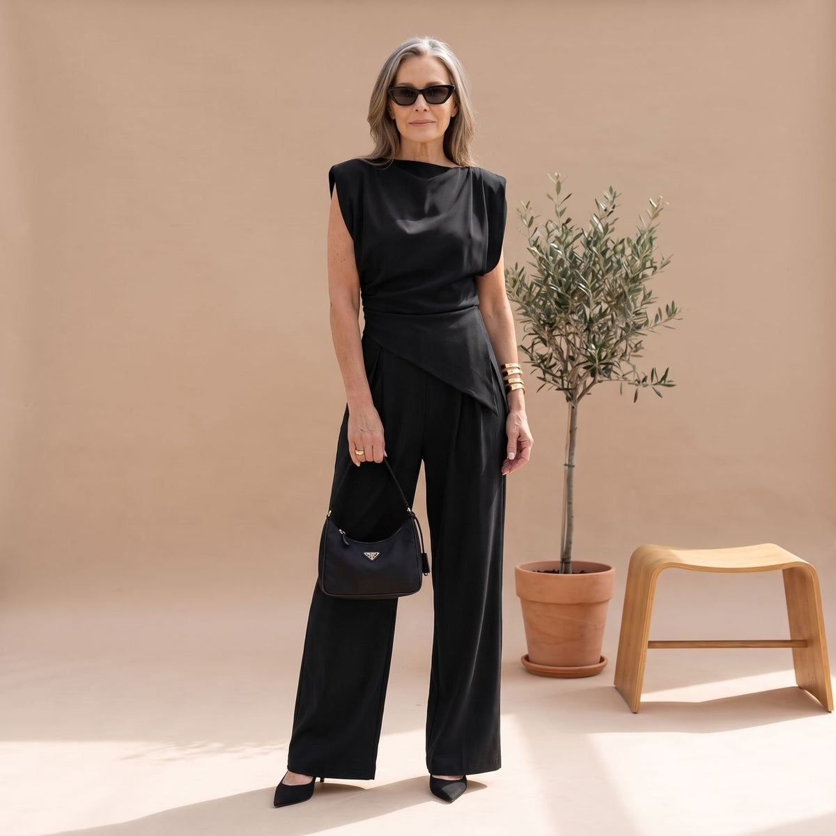 Women's Elegant Two Piece Set Draped Sleeveless Wide-Leg Jumpsuit - Black