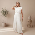 Women's Elegant Two Piece Set Pleated Wide-Leg Pants Cap-Sleeve Top - White