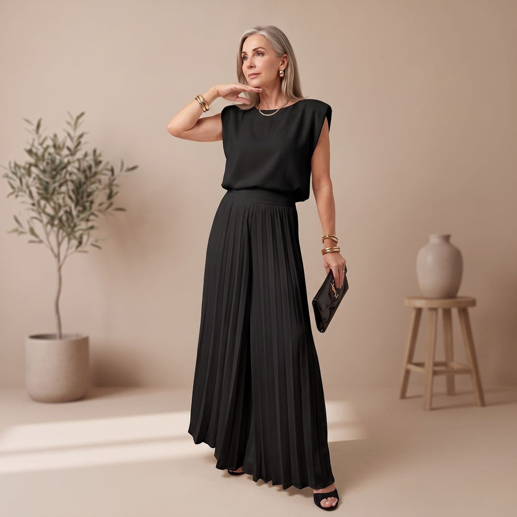 Women's Elegant Two Piece Set Pleated Wide-Leg Pants Cap-Sleeve Top - Black