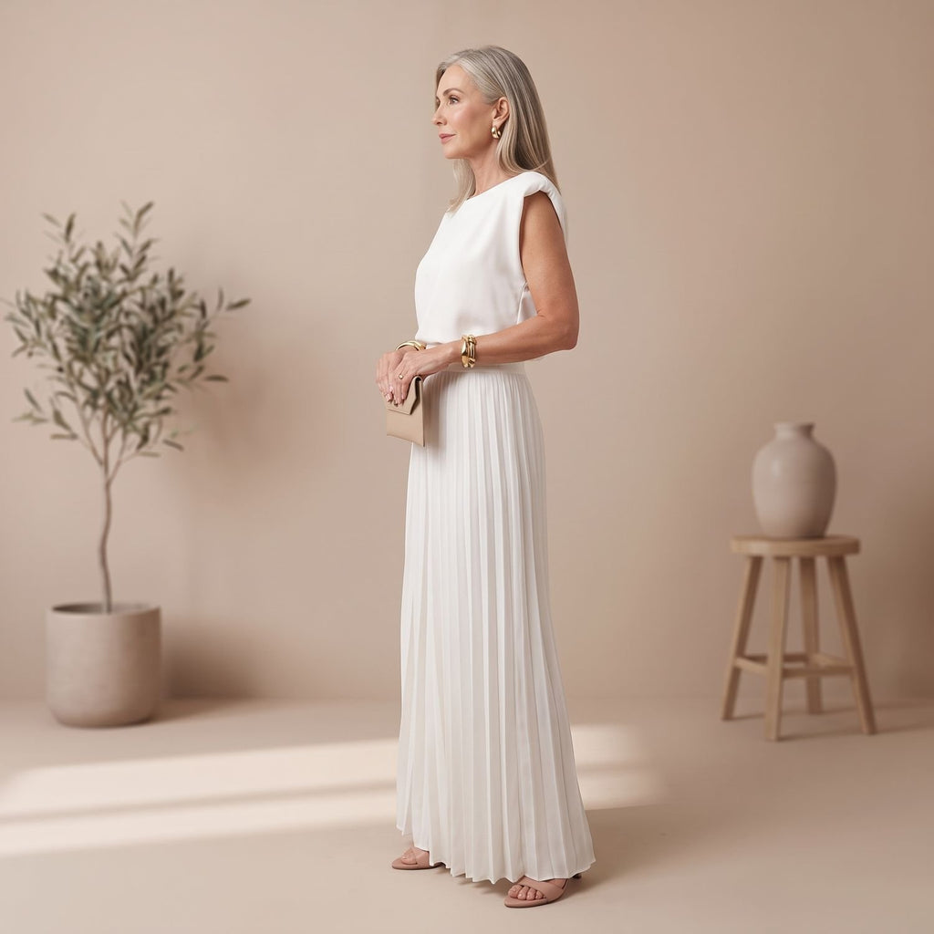 Women's Elegant Two Piece Set Pleated Wide-Leg Pants Cap-Sleeve Top