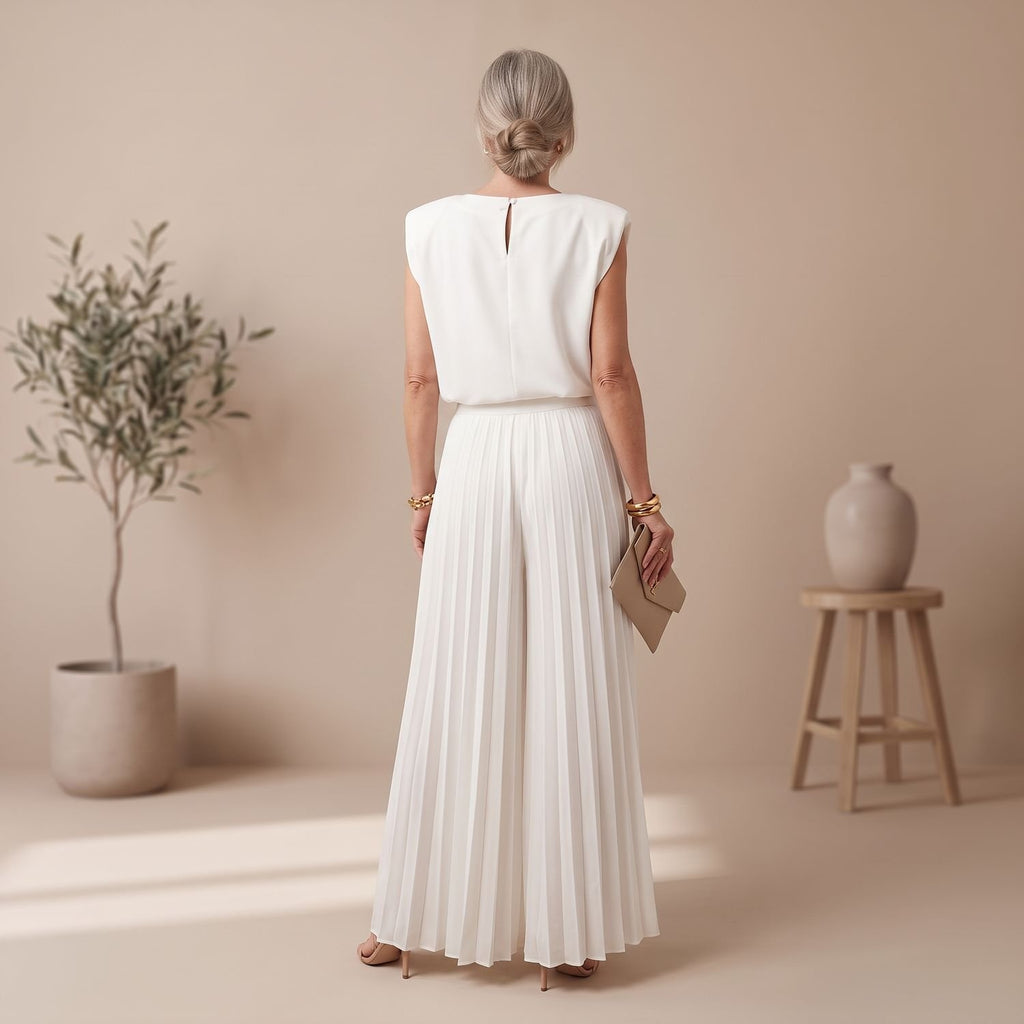 Women's Elegant Two Piece Set Pleated Wide-Leg Pants Cap-Sleeve Top