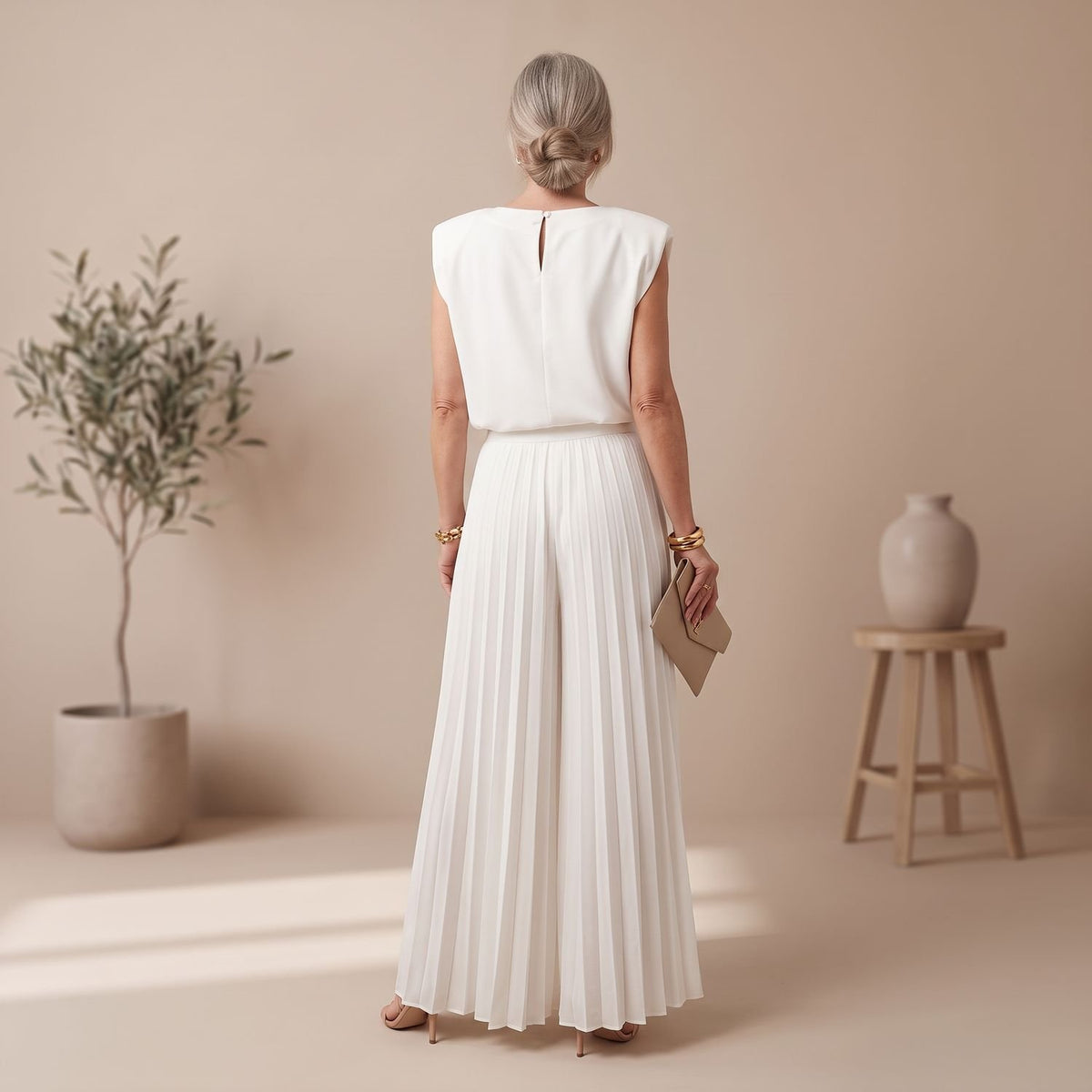 Women's Elegant Two Piece Set Pleated Wide-Leg Pants Cap-Sleeve Top