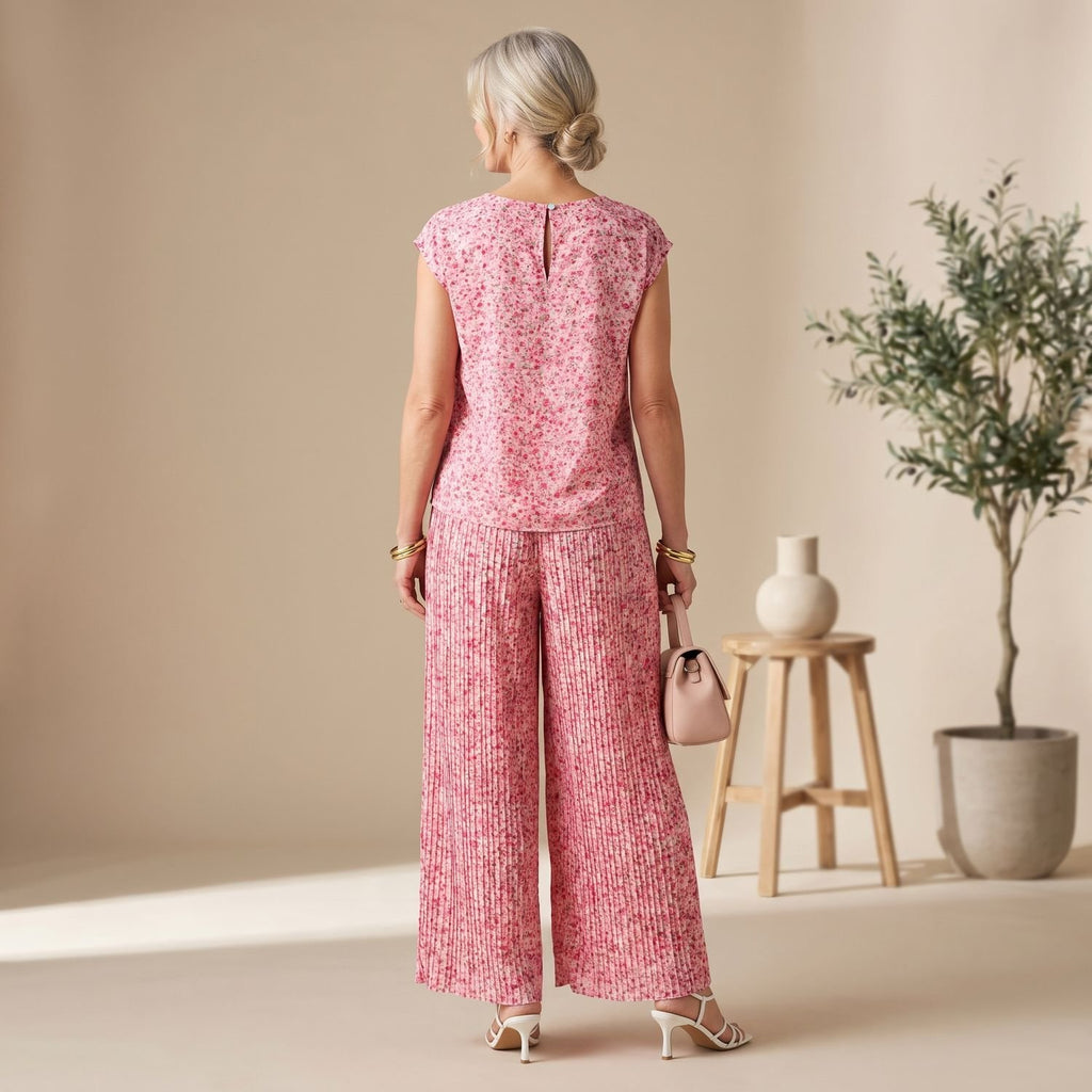 Women's Elegant Two Piece Set Pleated Wide-Leg Pants Cap-Sleeve Top