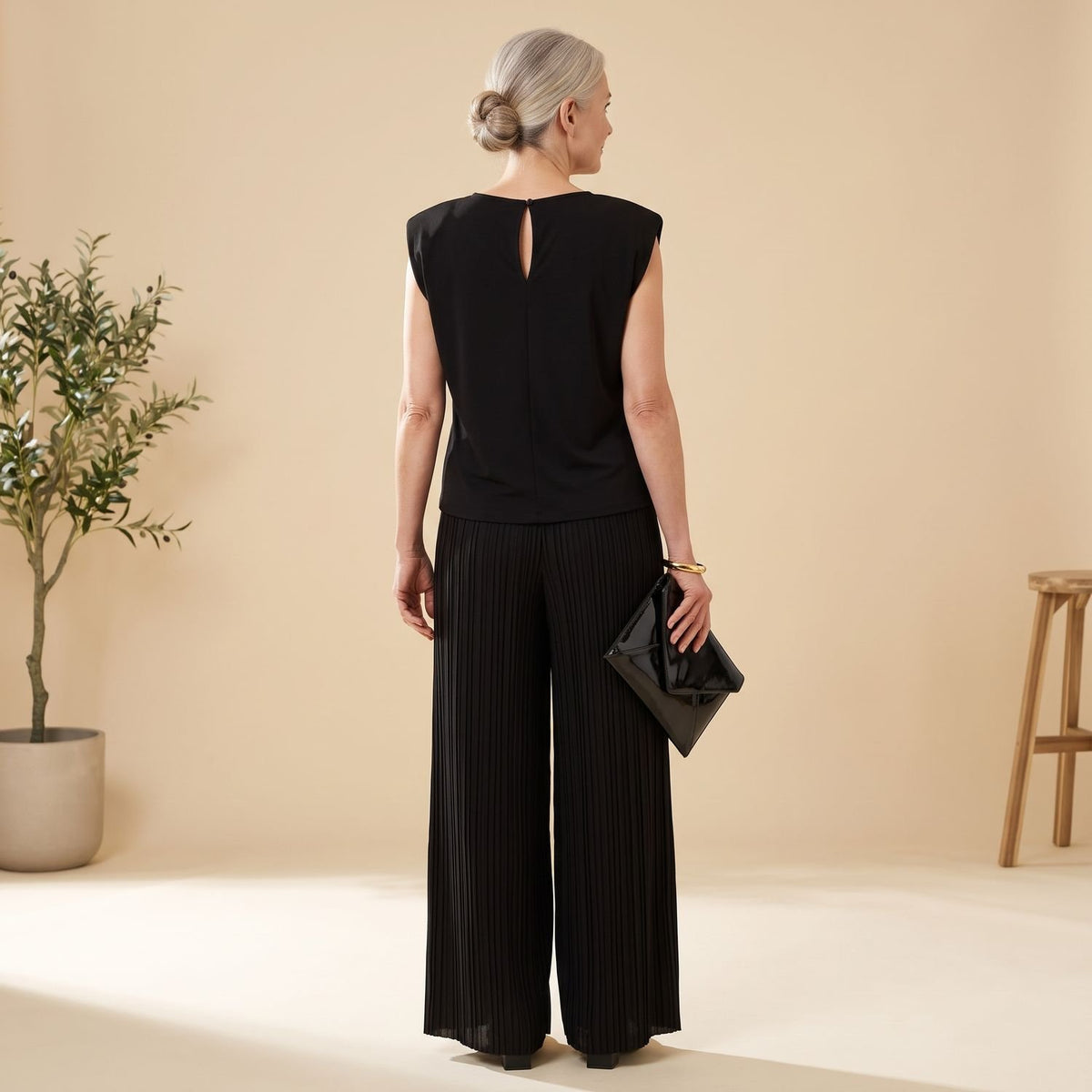 Women's Elegant Two Piece Set Pleated Wide-Leg Pants Cap-Sleeve Top