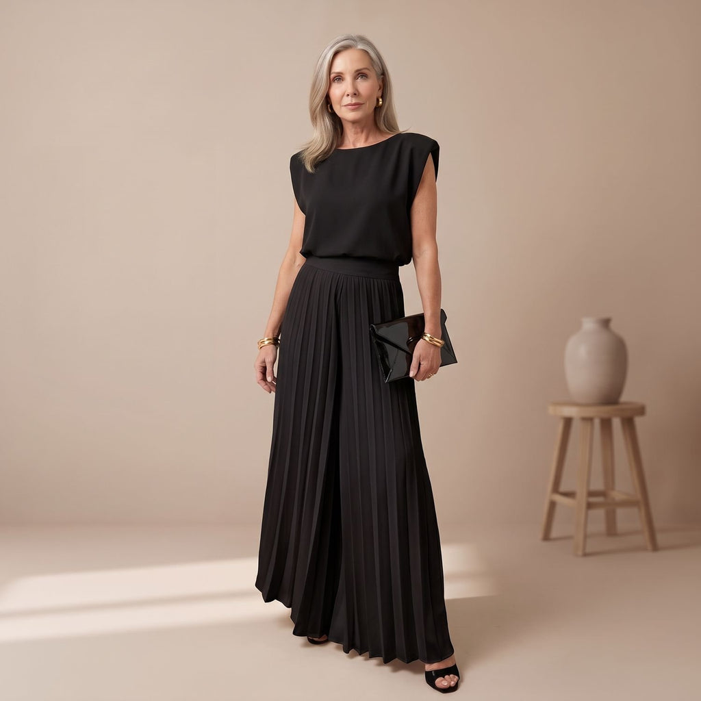 Women's Elegant Two Piece Set Pleated Wide-Leg Pants Cap-Sleeve Top