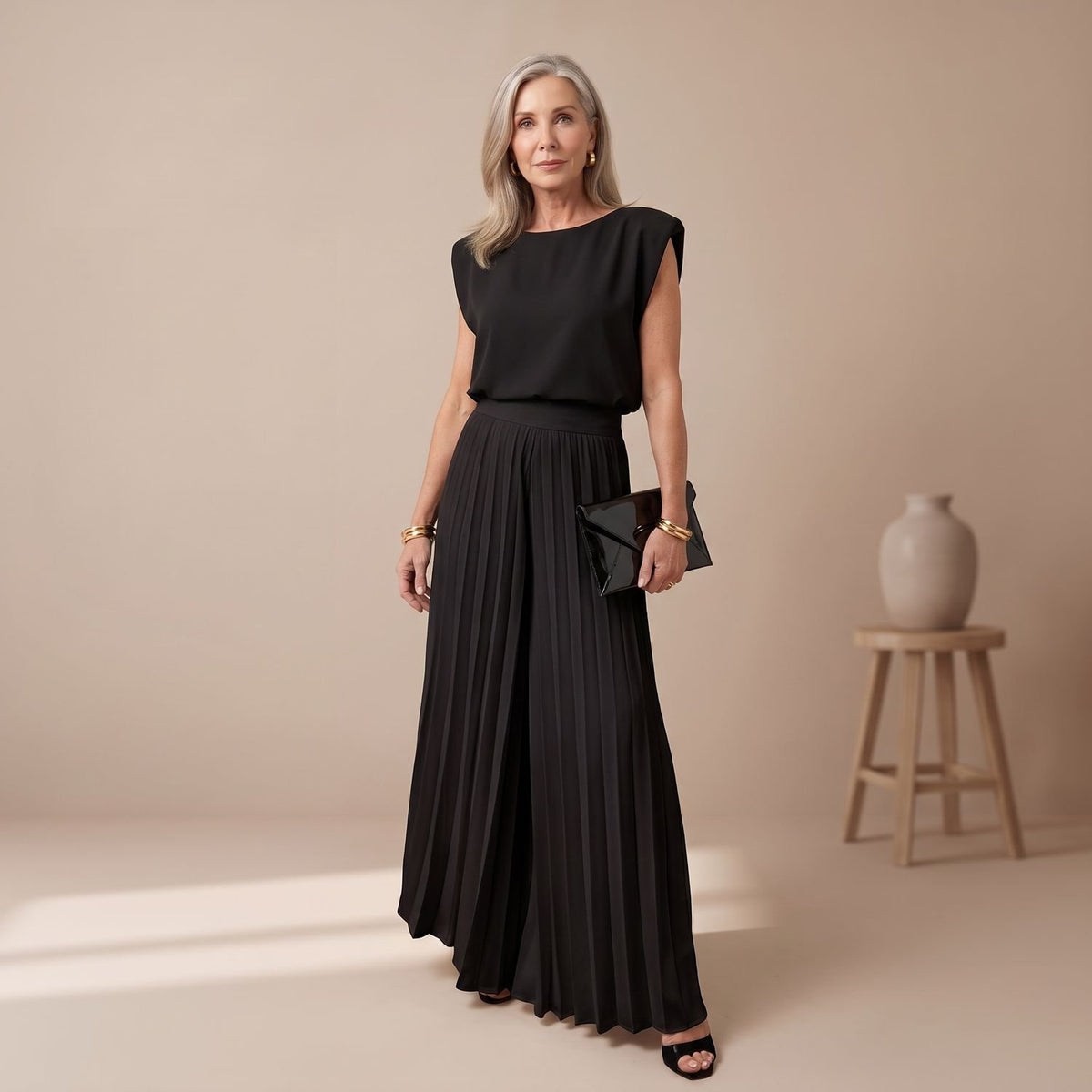 Women's Elegant Two Piece Set Pleated Wide-Leg Pants Cap-Sleeve Top