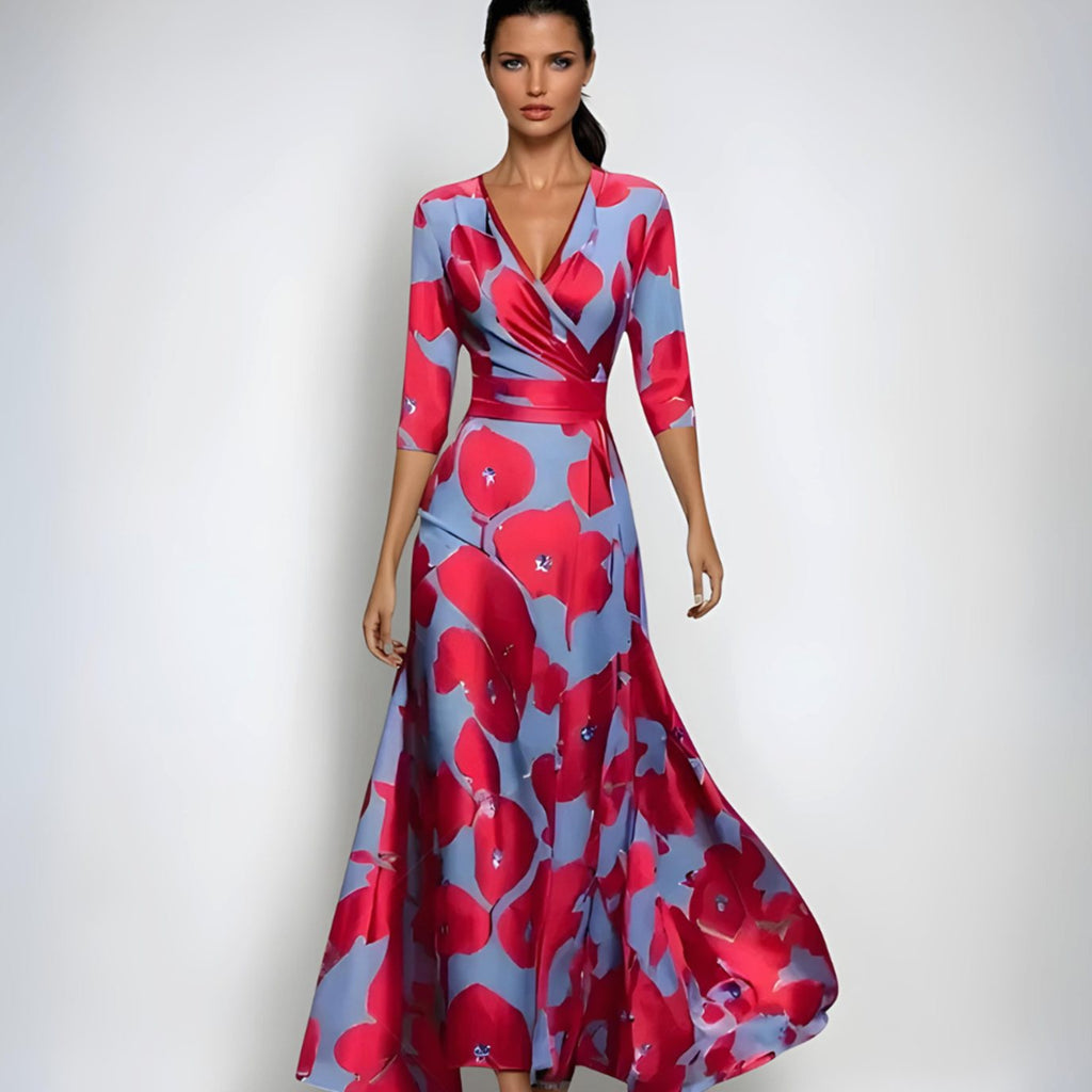 Women's Elegant V-Neck Wrap Floral Dress Maxi Flowing Skirt