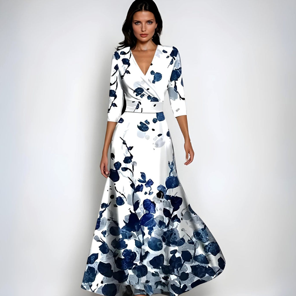 Women's Elegant V-Neck Wrap Floral Dress Maxi Flowing Skirt