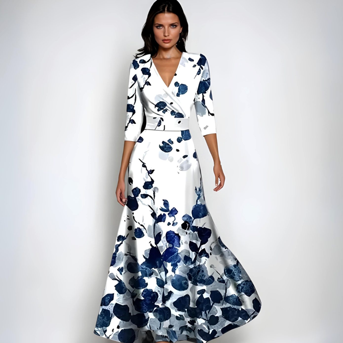 Women's Elegant V-Neck Wrap Floral Dress Maxi Flowing Skirt