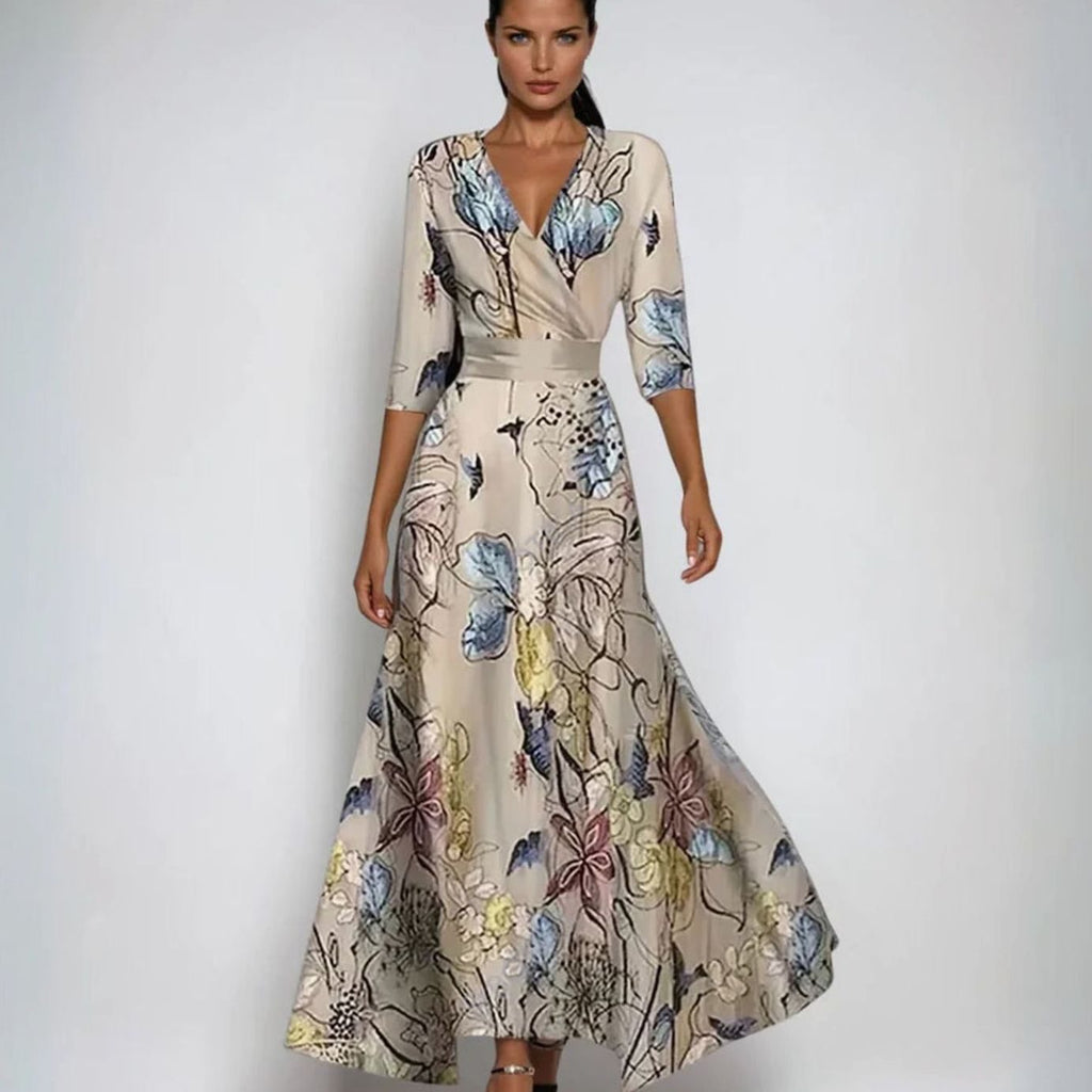 Women's Elegant V-Neck Wrap Floral Dress Maxi Flowing Skirt