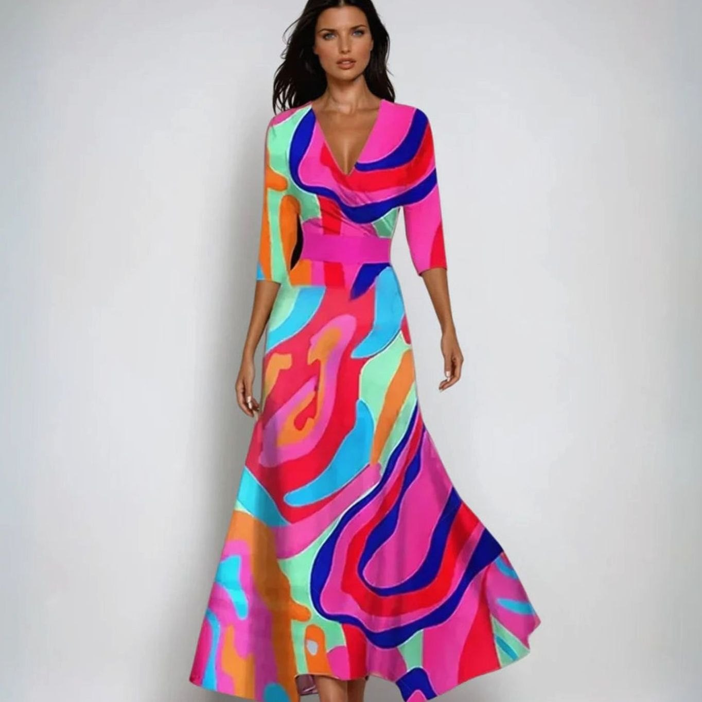 Women's Elegant V-Neck Wrap Floral Dress Maxi Flowing Skirt