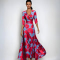 Women's Elegant V-Neck Wrap Floral Dress Maxi Flowing Skirt - Red/Blue