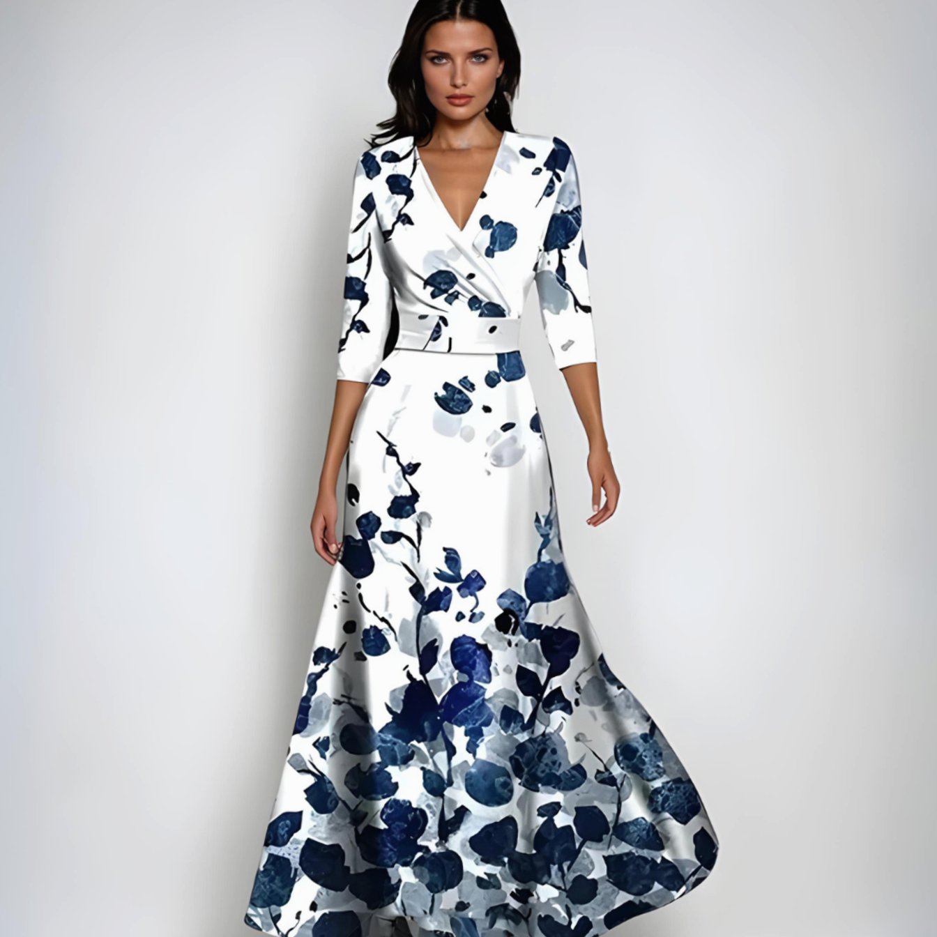 Women's Elegant V-Neck Wrap Floral Dress Maxi Flowing Skirt - White/Blue