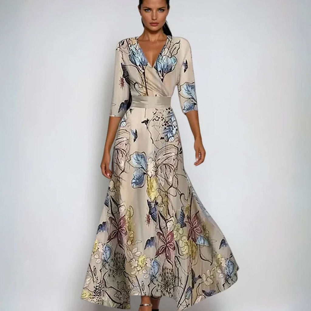 Women's Elegant V-Neck Wrap Floral Dress Maxi Flowing Skirt - Sand/Beige