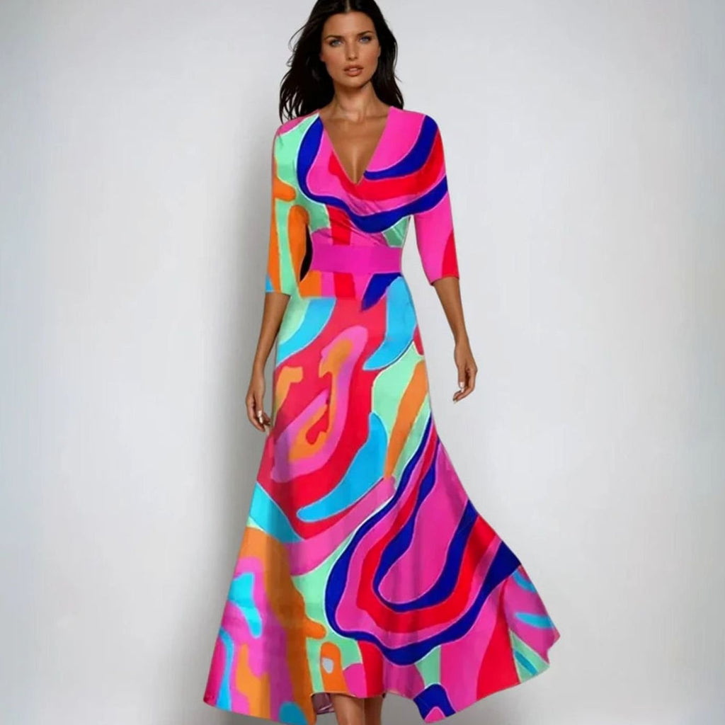 Women's Elegant V-Neck Wrap Floral Dress Maxi Flowing Skirt - Multicolor