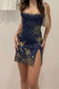 Women's Embellished Glitter Mini Cocktail Dress Square-Neck Side Slit