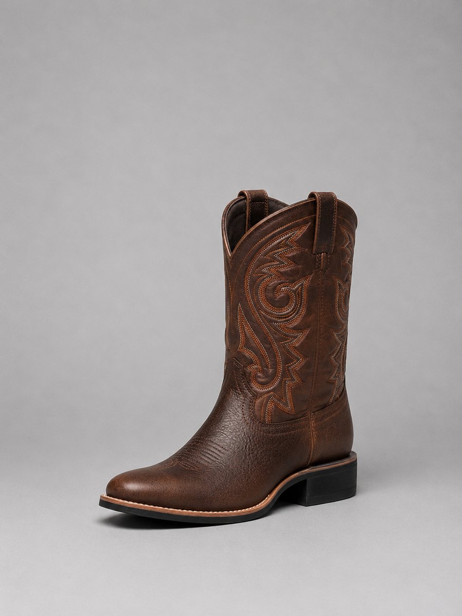 Women's Embroidered Leather Pull-On Western Ankle Boots - Brown
