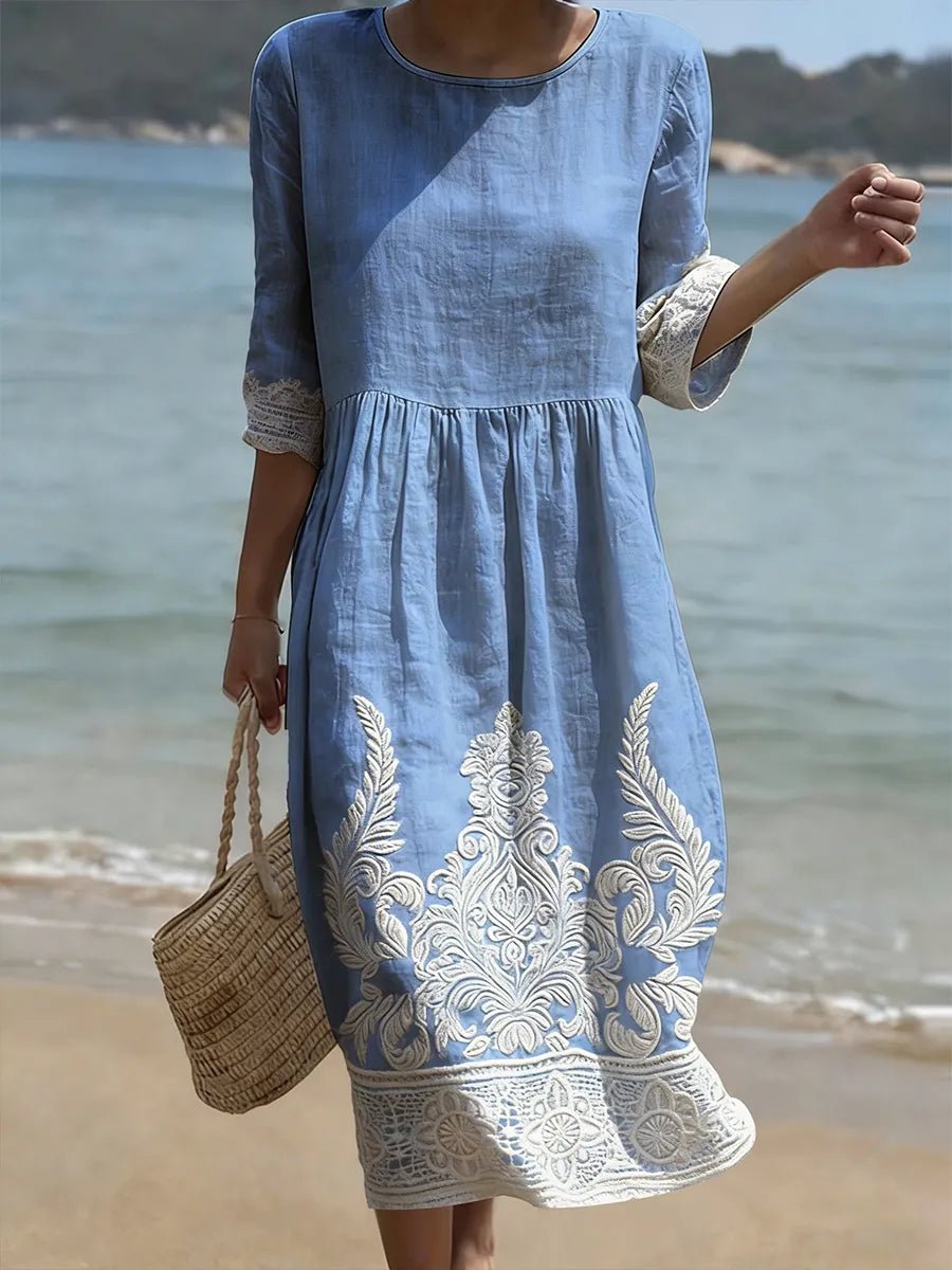 Women's Embroidered Linen Midi Party Dress Floral Lace Trim - Blue
