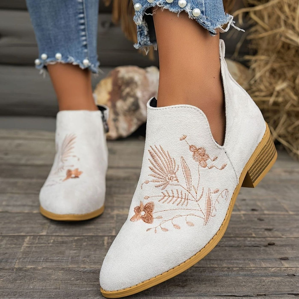 Women's Embroidered Low-Heel Pointed-Toe Ankle Boots - White