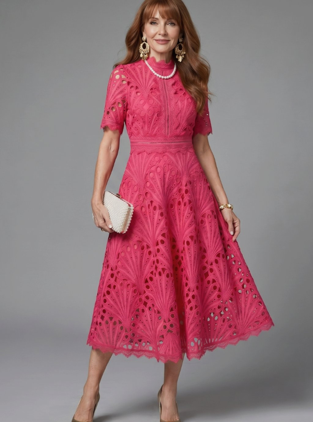 Women's Eyelet Lace High-Neck Short-Sleeve Midi Cocktail Dress - Pink